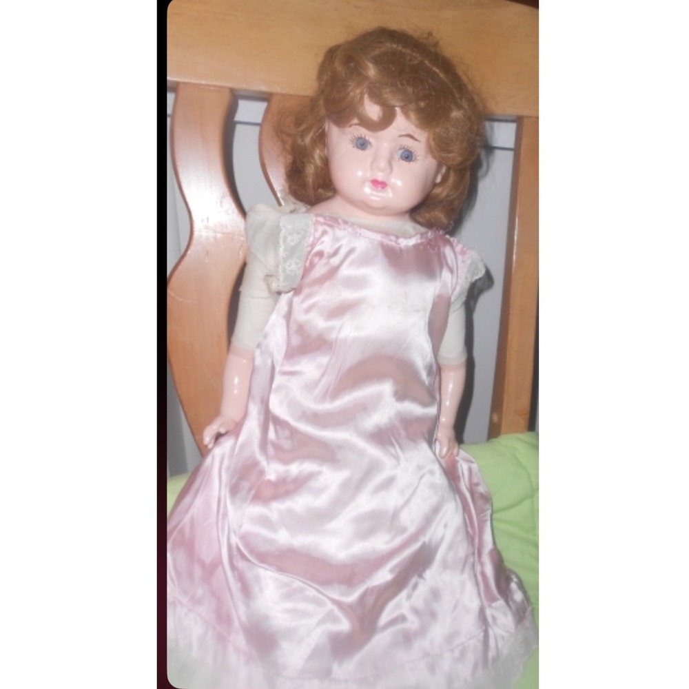 Antique Composition Doll Blue Eyes Pink‎ Dress vintage Collectible Display Decor